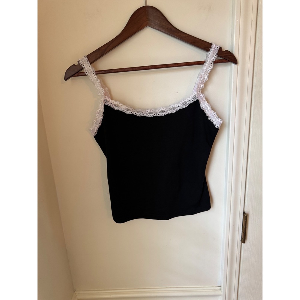SHEIN Black Lace Trim Cami Top White Contrast Straps Small